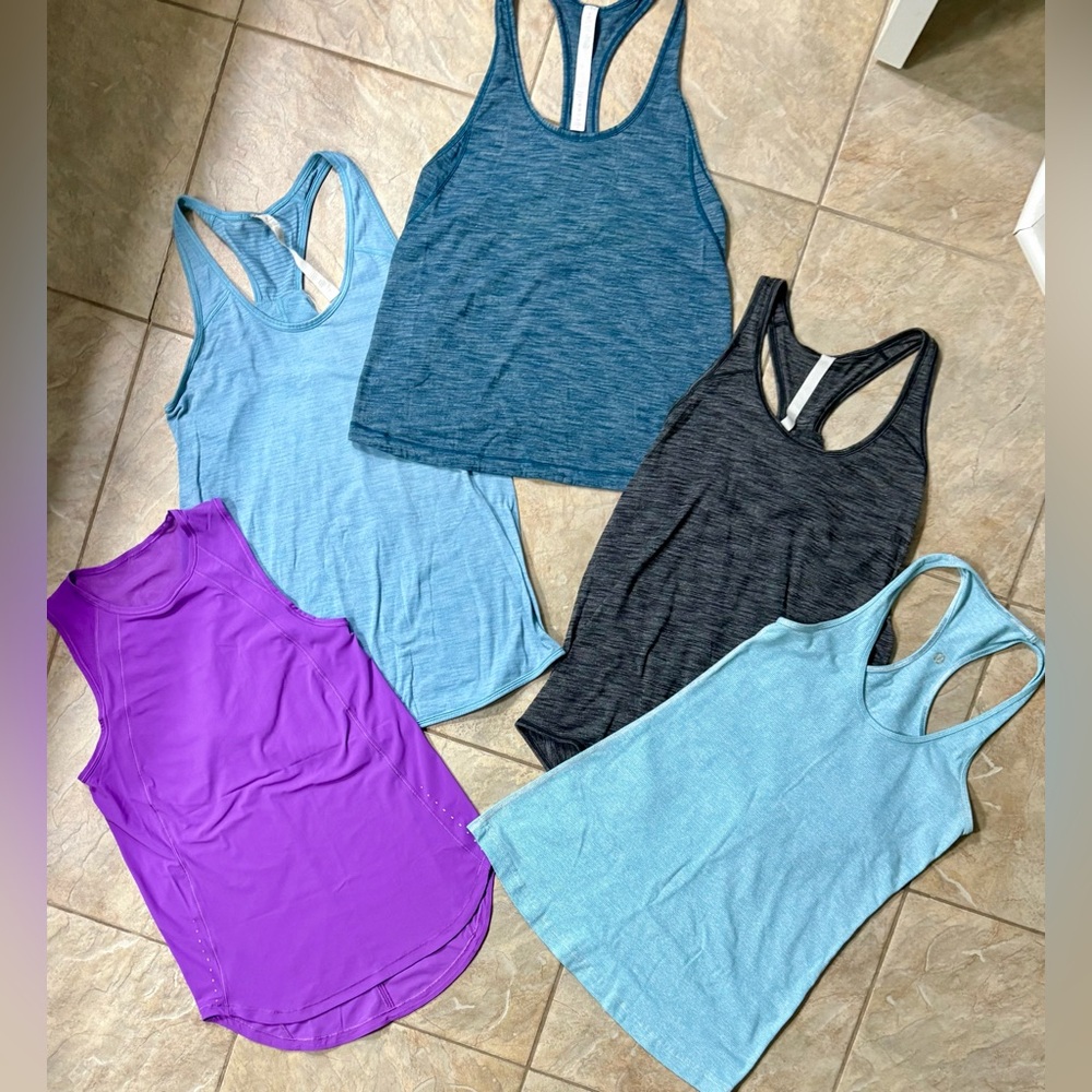 Lululemon Bundle Size 4 Blue, Purple, and Charcoal Tank Tops (5 included)